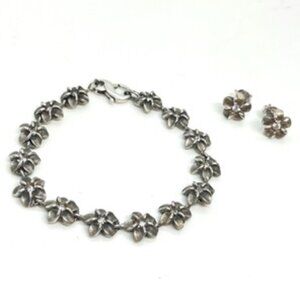 SILVER PLUMERIA BRACELET 925 STERLING FLOWER EARRINGS SET HAWAIIAN CZ TROPICAL